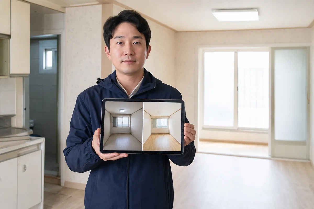 퇴실정산 사례 — 입주·퇴실 체크 사진을 나란히 비교하는 모습