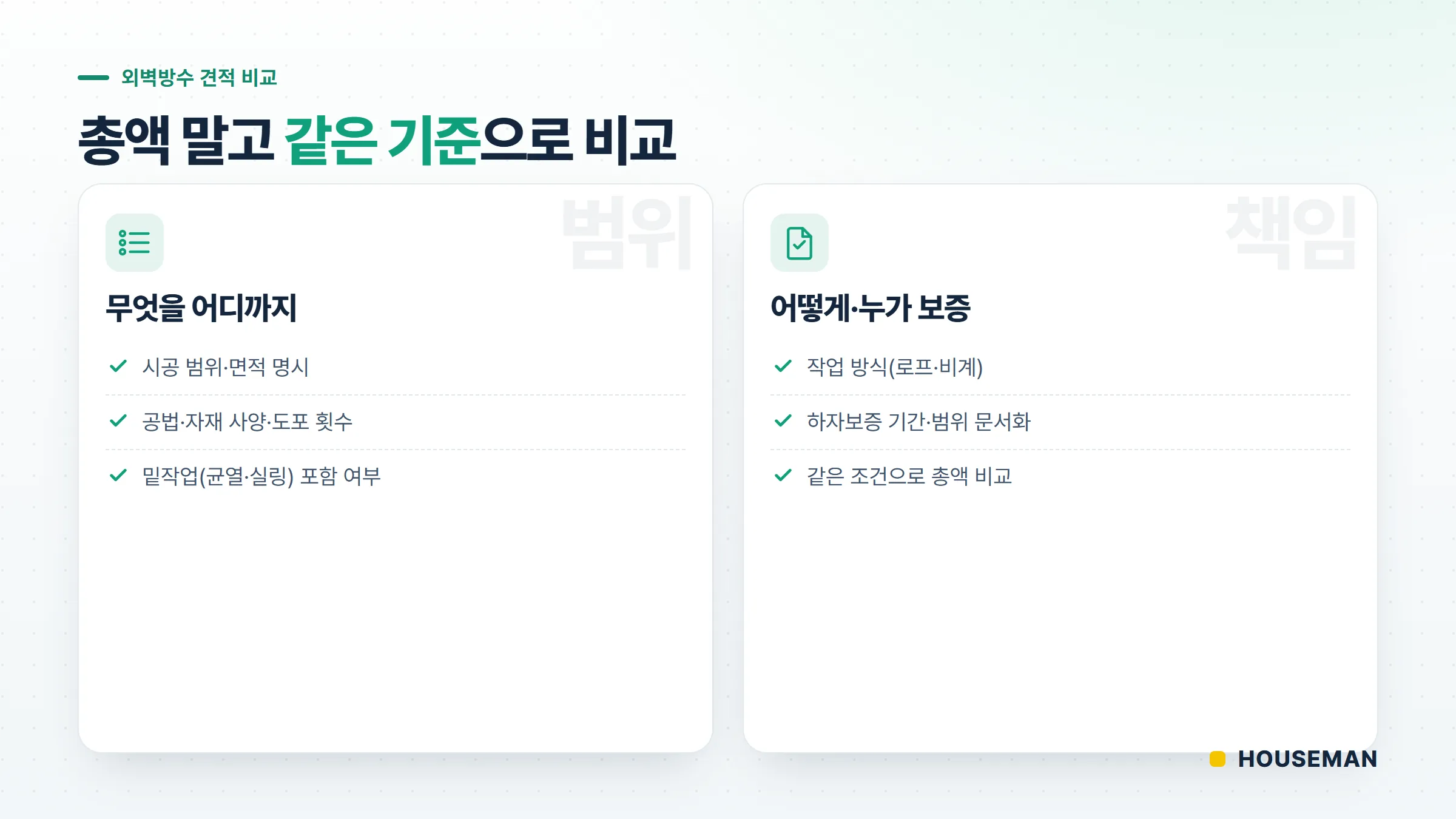 외벽방수 견적 비교 확인 항목 체크리스트 — 하자보증·작업 방식·시공 범위·자재 사양 등 주요 확인 항목