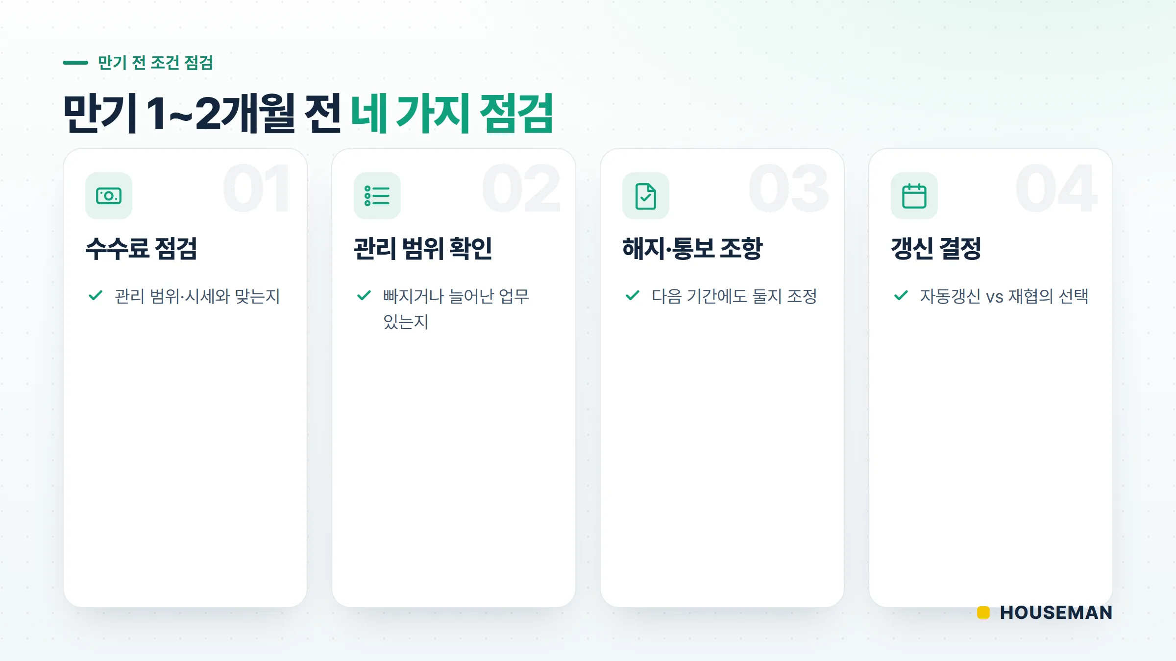 위탁관리 계약기간 만기 전 조건 점검 체크리스트 — 수수료·관리범위·해지조항·갱신결정