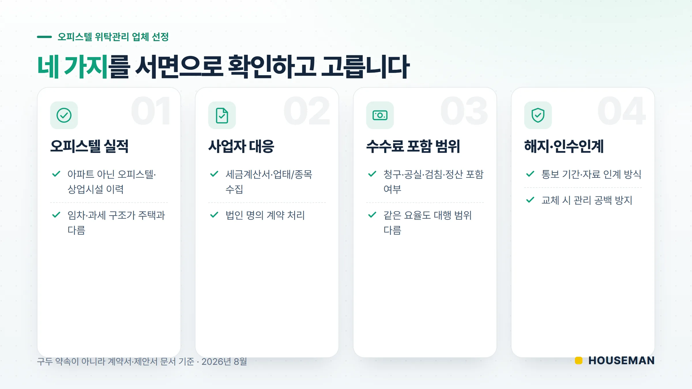 서초구 오피스텔 위탁관리 업체 선정 체크리스트 4항목 — 오피스텔 실적·사업자 대응·수수료 범위·해지 조건