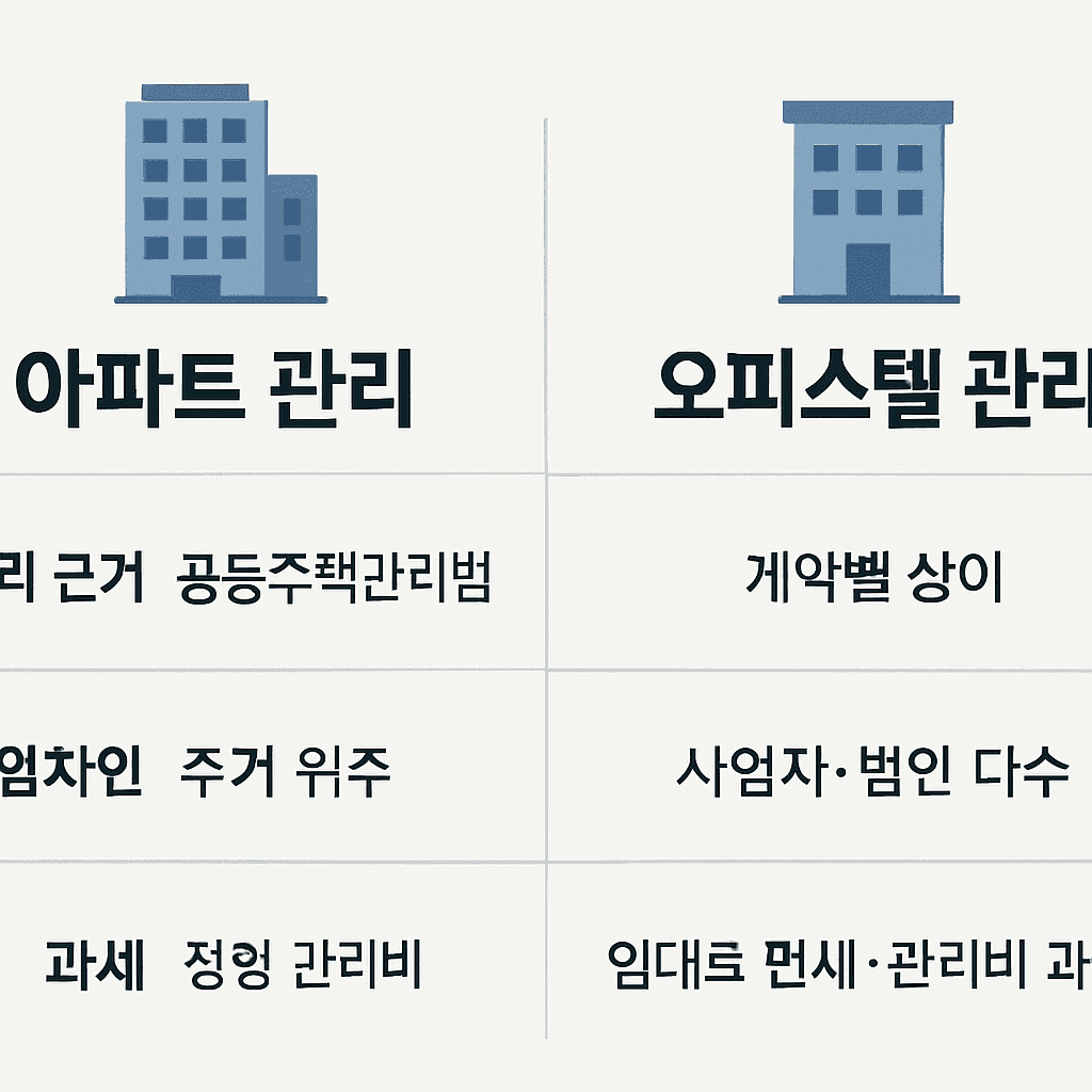 아파트 관리와 오피스텔 위탁관리 차이 비교표 — 관리 근거·임차인·과세 구조